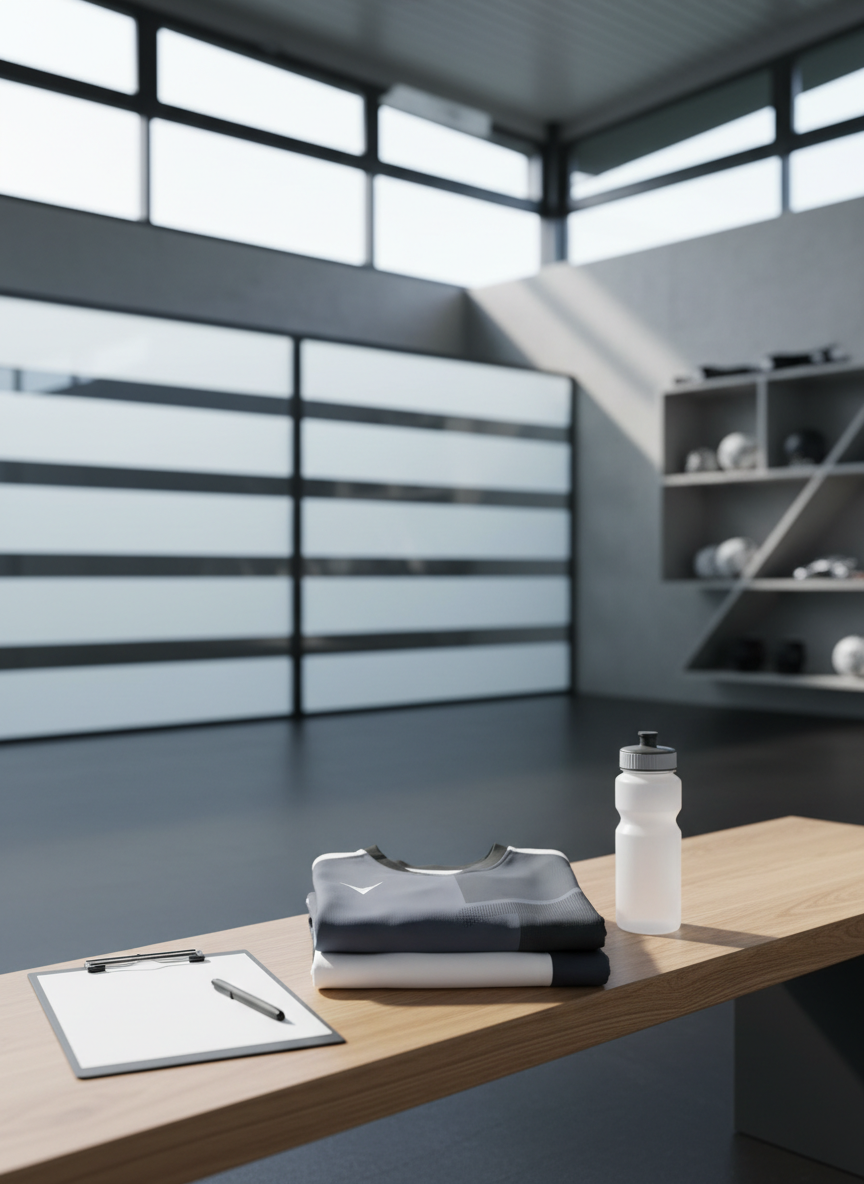 A close-up study of a modern goalkeeper's training kit, featuring a sleek, streamlined design in a subdued palette of slate grey, crisp white, and graphite. The kit sits precisely folded on a polished natural wood bench, with a neatly aligned training clipboard and clean athletic water bottle nearby. The scene is set in a well-organized, neutral-toned training facility, with a background of horizontal frosted glass panels and minimalist geometric shelving. Cool, balanced daylight enters from overhead clerestory windows, creating subtle highlights and soft, defined shadows. The composition uses rule of thirds, maintaining a spacious, structured layout with minimalist photographic realism, projecting a calm, disciplined, and professional atmosphere for the store site.