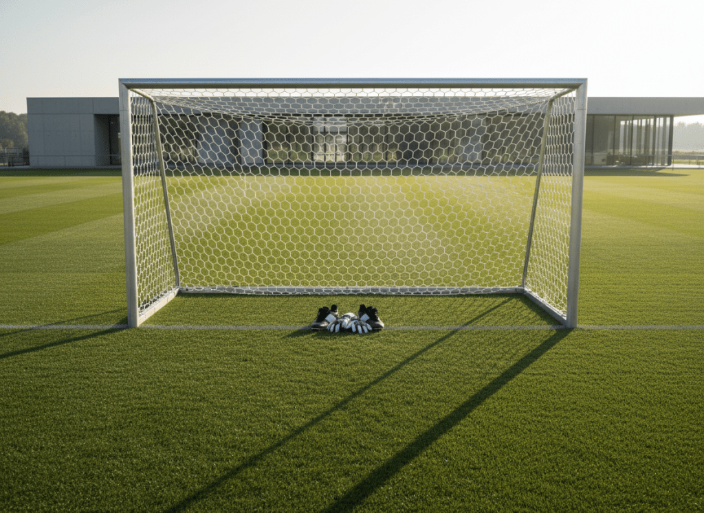 A professional goalkeeper's net with crisp, white hexagonal mesh and reinforced metallic frame is set center-stage on a manicured, natural green pitch, the grass trimmed in flawless straight lines. At the goal's base, a pair of high-performance, two-tone goalkeeper shoes in black and white are placed precisely, reflecting attention to detail. The surroundings are uncluttered, with a distant structured clubhouse in neutral grey tones forming a subtle backdrop. Early morning sunlight streams from the side, casting long, defined shadows of the net and shoes across the field, enhancing the image's depth. Shot from a low, slightly wide angle to emphasize scale and structure, this crisp, modern visual conveys a sense of readiness and professionalism.
