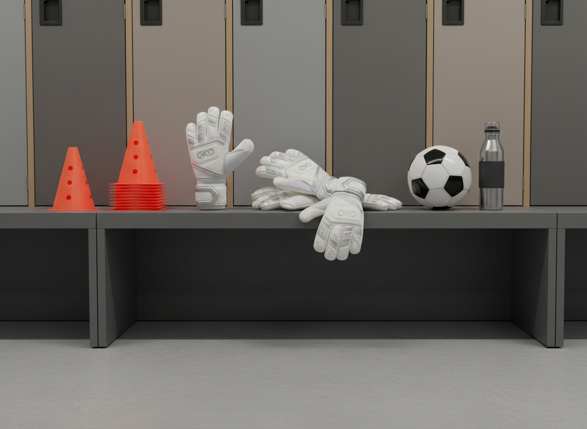A set of meticulously arranged, high-quality goalkeeper gloves in pristine condition, crafted from textured white and silver materials with subtle branding detail. The gloves rest neatly atop a structured, matte grey locker bench with clean lines, surrounded by precisely organized training cones, a glossy goalkeeper ball, and a professional water bottle. The environment evokes an upscale sports facility locker room, with neutral grey and beige tones dominating the backdrop. Soft, diffused overhead lighting casts gentle highlights on each surface, creating an orderly, professional mood. Captured from an eye-level, centered composition with sharp focus and a photographic, corporate style, the image embodies the professionalism and innovation of an elite goalkeeper camp.
