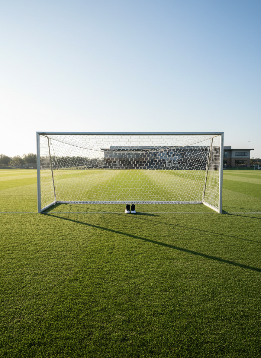 A professional goalkeeper's net with crisp, white hexagonal mesh and reinforced metallic frame is set center-stage on a manicured, natural green pitch, the grass trimmed in flawless straight lines. At the goal's base, a pair of high-performance, two-tone goalkeeper shoes in black and white are placed precisely, reflecting attention to detail. The surroundings are uncluttered, with a distant structured clubhouse in neutral grey tones forming a subtle backdrop. Early morning sunlight streams from the side, casting long, defined shadows of the net and shoes across the field, enhancing the image's depth. Shot from a low, slightly wide angle to emphasize scale and structure, this crisp, modern visual conveys a sense of readiness and professionalism.